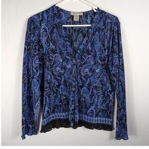 Notations M Blue Black Paisley Pleated Button Front Top Long Sleeve Stretch
